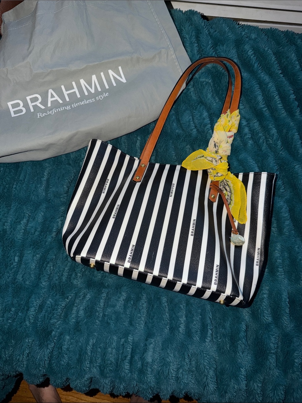Brahmin Black and White Striped Tote with Tan Handles